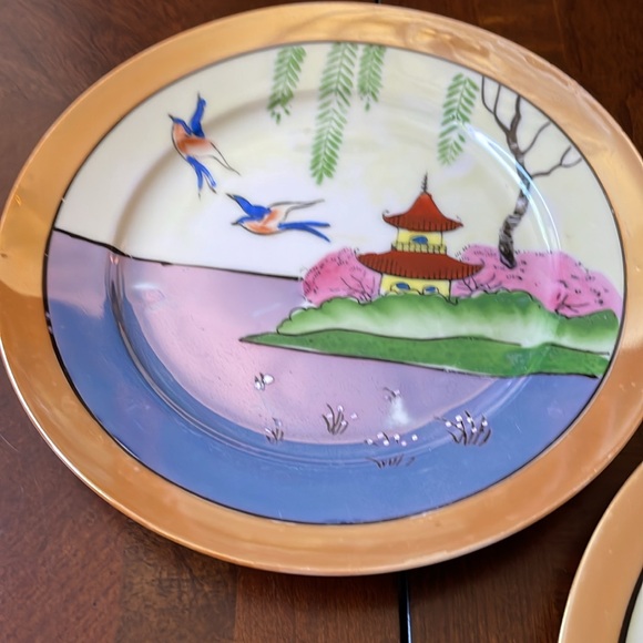 VTG set of 2 lusterware porcelain Japan plates pagoda birds scene - Picture 4 of 10